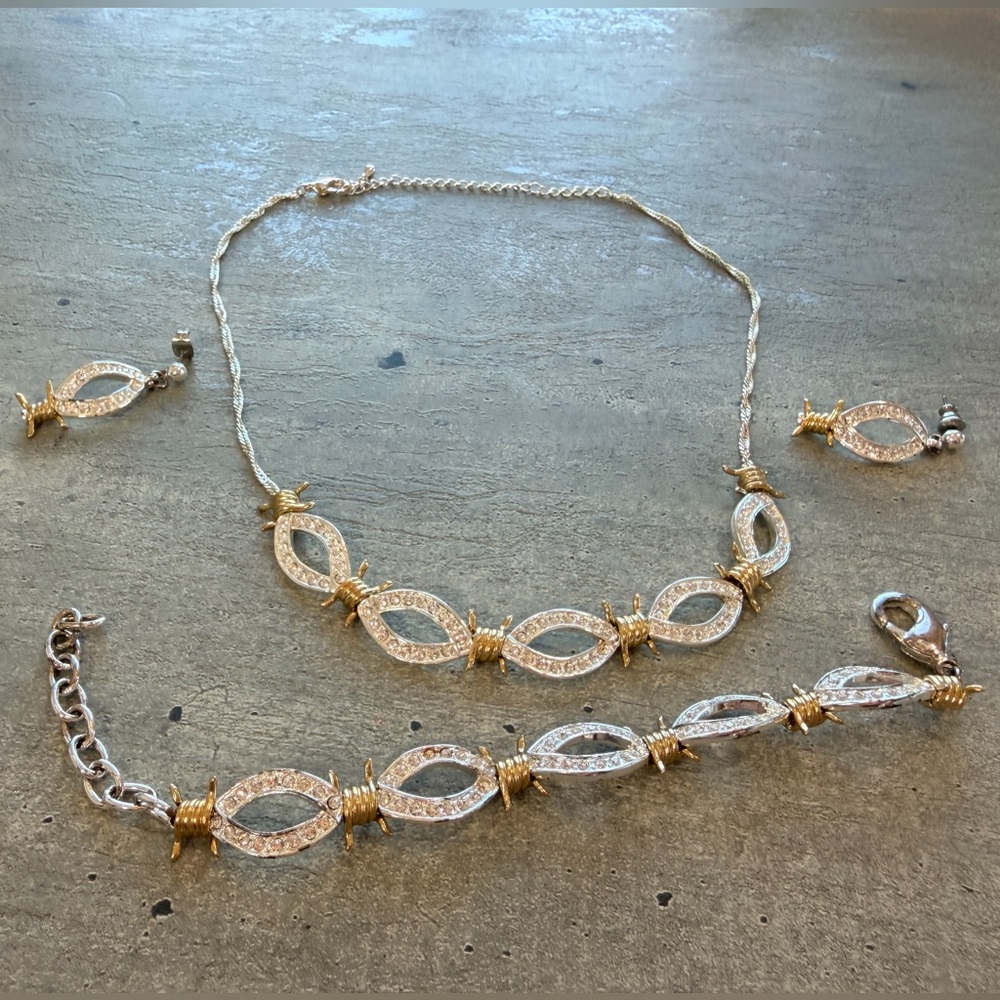 Barbed Wire Necklace, Earrings, and Bracelet Matching Jewelry Set